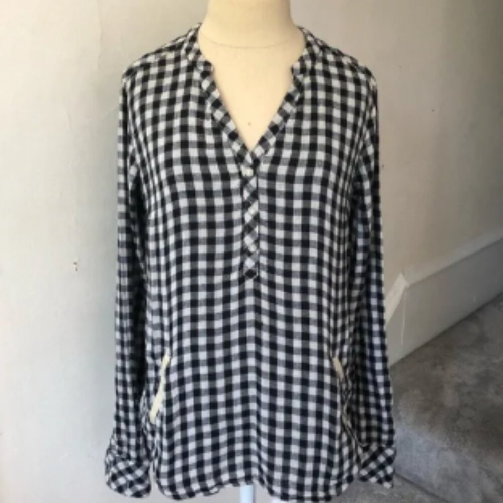 Maison Scotch Check Plaid Leather Trim Pocket Top